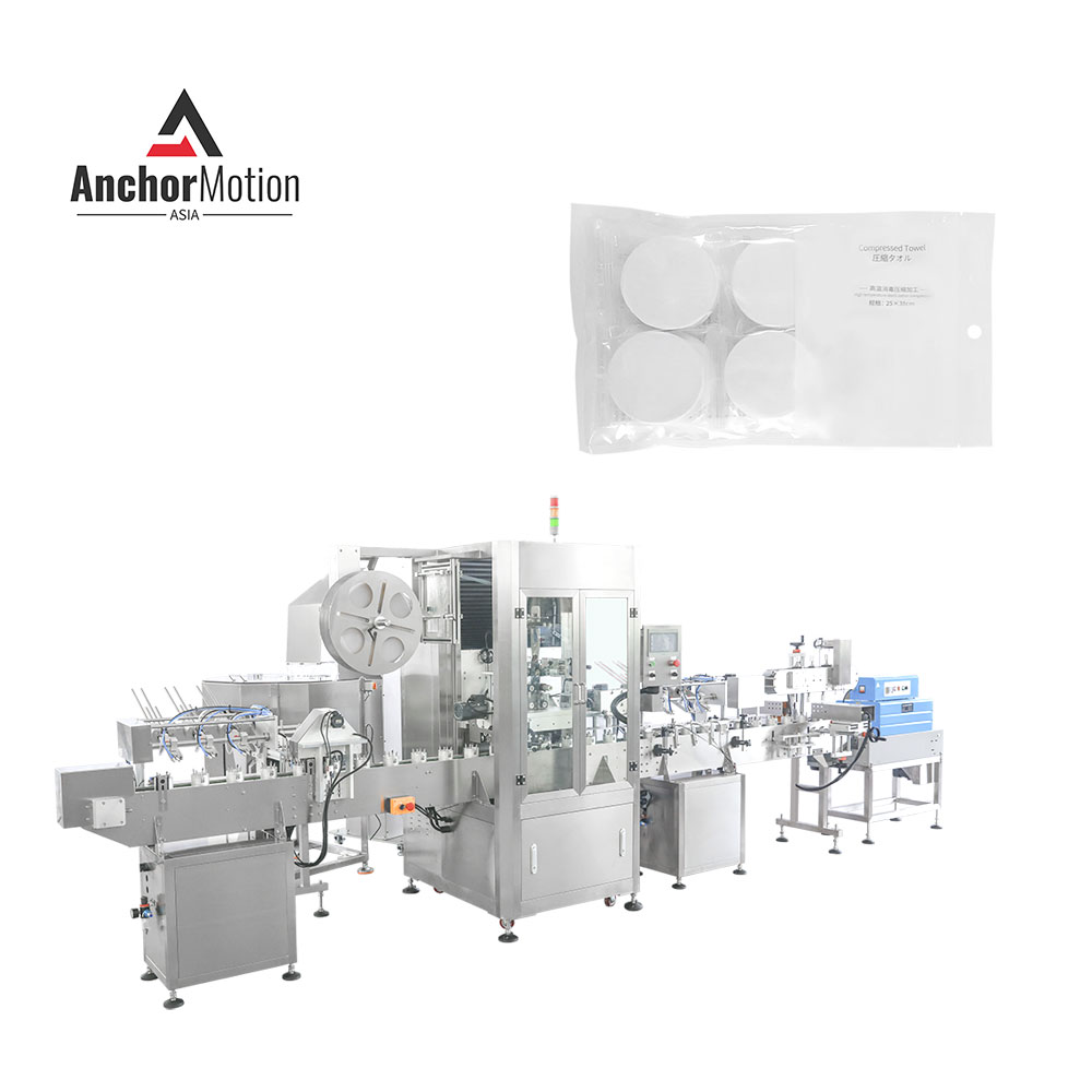 Compressed towel sleeve labeling packaging line